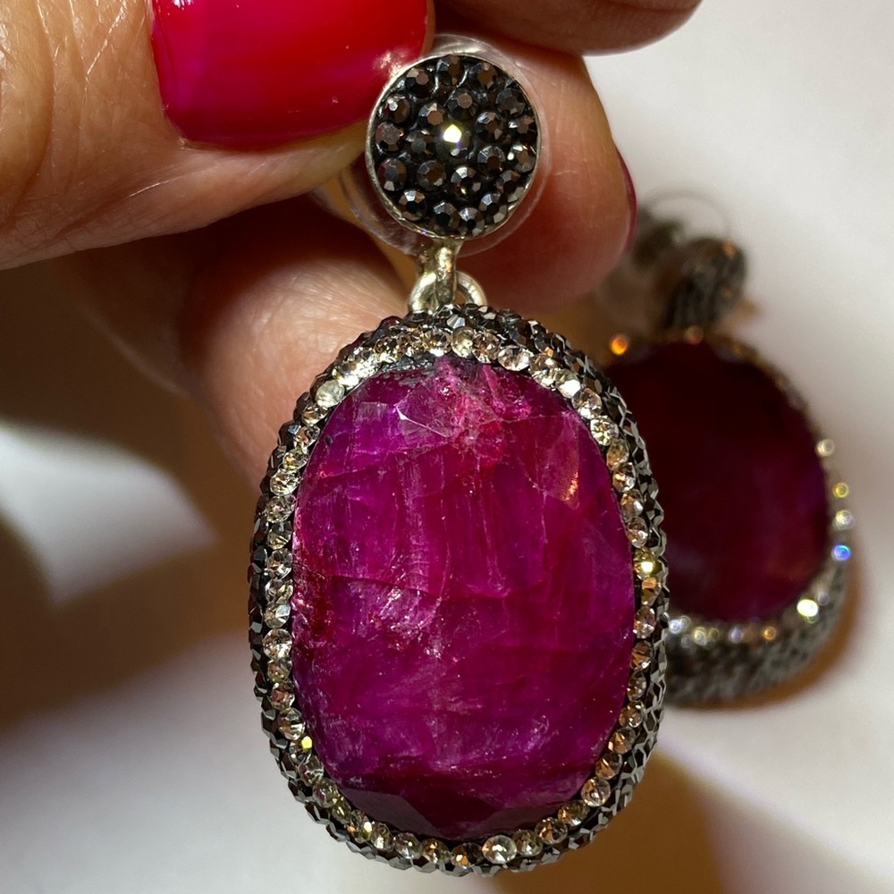 Natural Ruby Silver Victorian Dangle Earrings - image 3